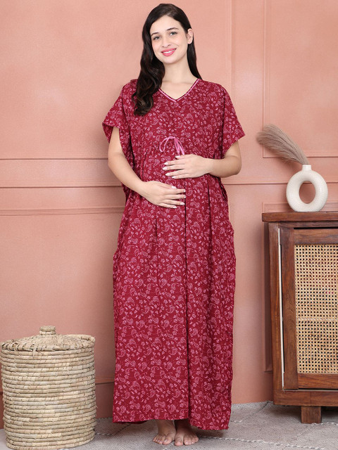 Secret Wish Women Floral Printed V-Neck Maternity Maxi Kaftan Nightdress