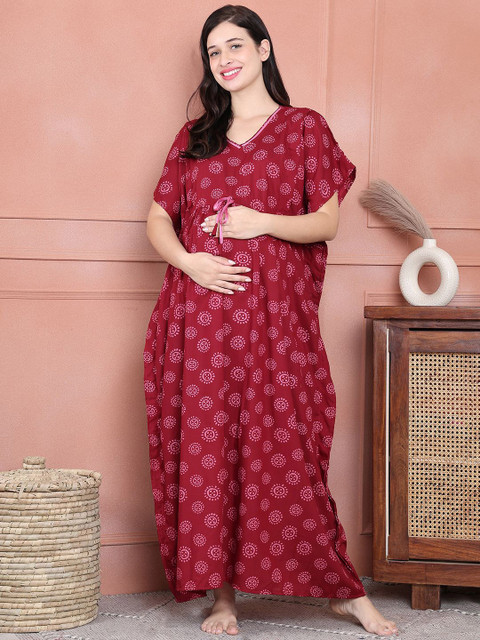 Secret Wish Printed V-Neck Maternity Maxi Kaftan Nightdress