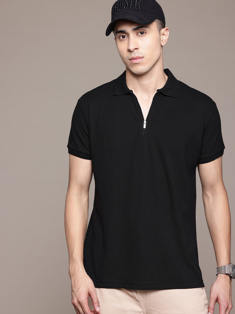 The Roadster Lifestyle Co. Solid T-shirt with Half Zip Polo Collar