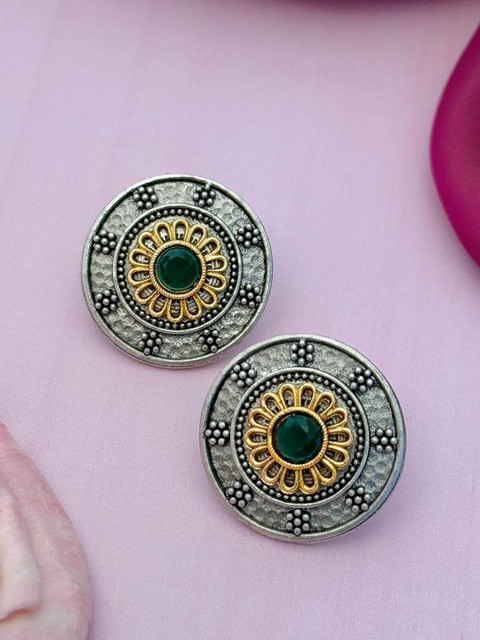 Sangria Silver-Plated Stones Studded Circular Studs Earrings