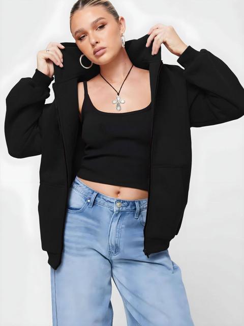 Parona Women Hooded Solid Fleece Casual Oversized Bomber Jacket