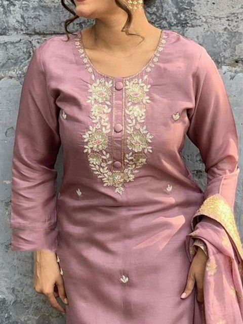 HERE&NOW Ethnic Motifs Embroidered Beads and Stones Silk Kurta With Trouser & Dupatta - Image 2