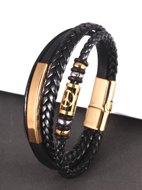 The Roadster Lifestyle Co. Men Gold Plated Stainless Steel Multistrand Leather Bracelet