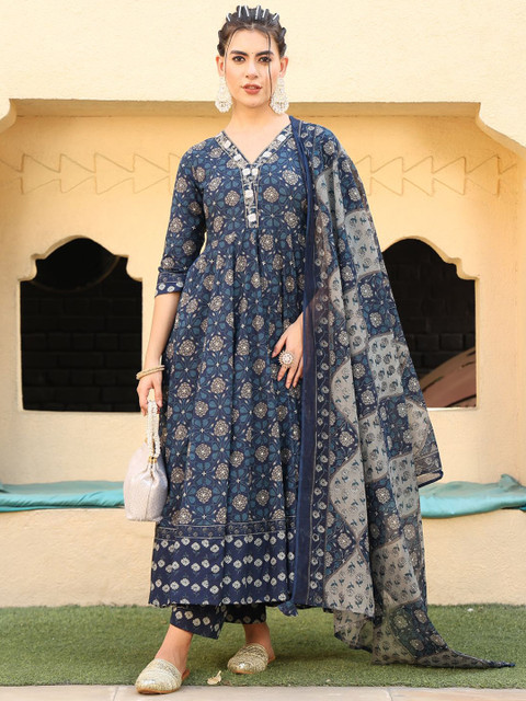 GULMOHAR JAIPUR Floral Printed Pure Cotton Kurta with Palazzos & Dupatta