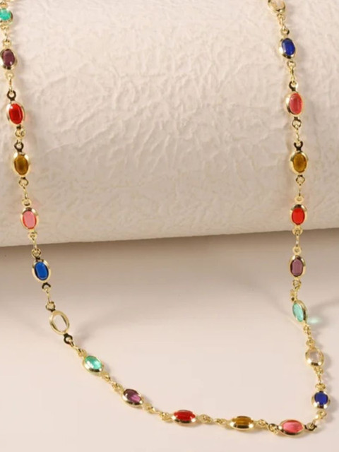 V FASHION JEWELLERY Gold-Plated Stainless Steel Crystals Minimal Necklace - Image 2