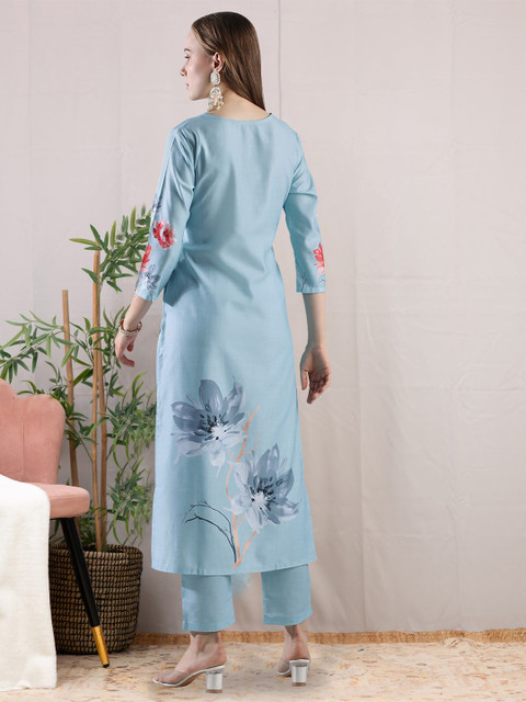 GoSriKi Floral Printed Straight Kurta with Trousers - Image 4