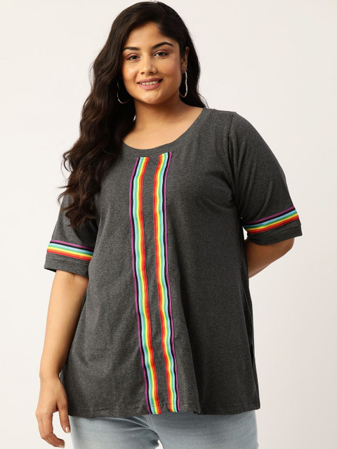 theRebelinme Women Plus Size Striped Round Neck Cotton T-shirt