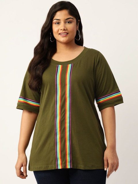 theRebelinme Women Plus Size Striped Round Neck Cotton T-shirt