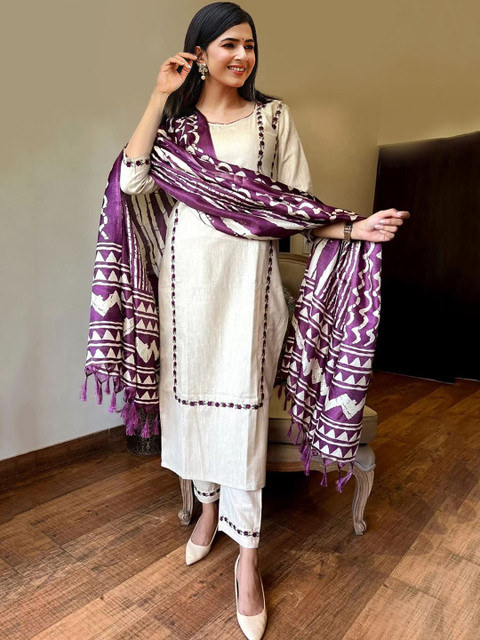 Royal Export Round Neck Floral Embroidered Thread Work Pure Cotton Straight Kurta Set