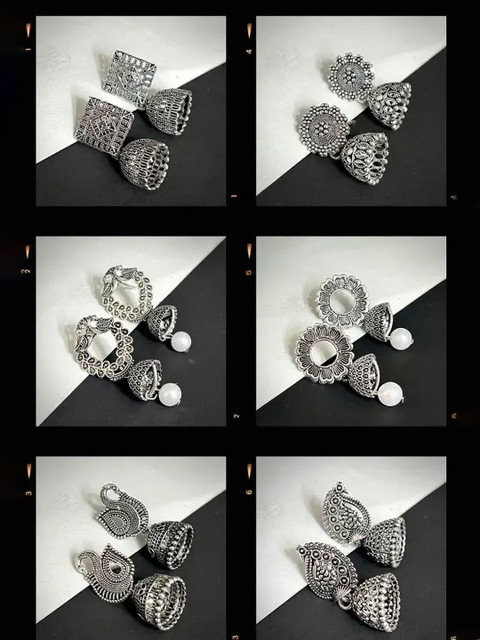 Palli Creation Set Of 6 Silver Plated Beaded Dome Shaped Oxidised Jhumkas