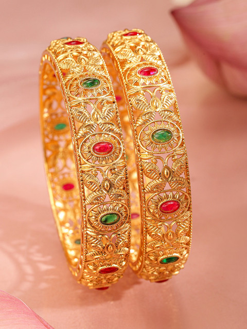 Rubans Set of 2 18K Gold-Plated Ruby Red & Emerald Green Stone Studded Floral Bangles