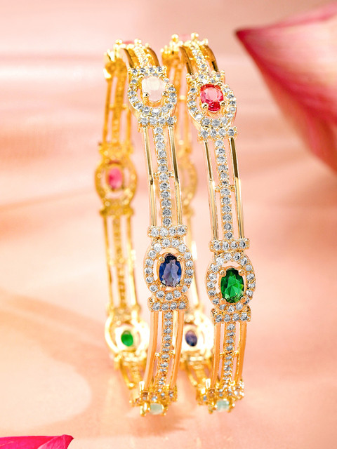 Rubans Set Of 2 22K Gold-Plated Multicolor Gemstone & Cubic Zirconia-Studded Bangles