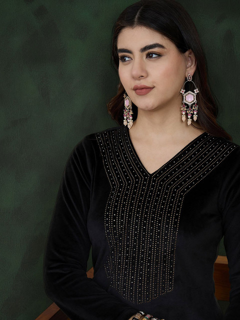 Sangria Black Geometric Yoke Design V-Neck Velvet Kurta With Trouser