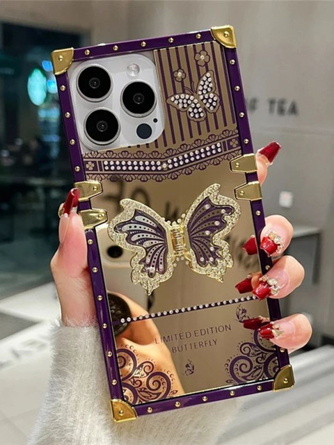 Luxury Kase Sequined LK162 Elegant Butterfly Stand Back Mirror iPhone 16 Pro Back Case