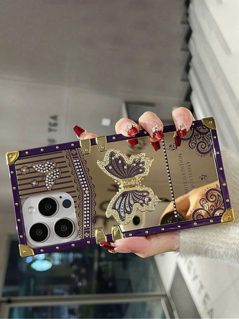 Luxury Kase Sequined LK162 Elegant Butterfly Stand Back Mirror iPhone 16 Pro Back Case - Image 2