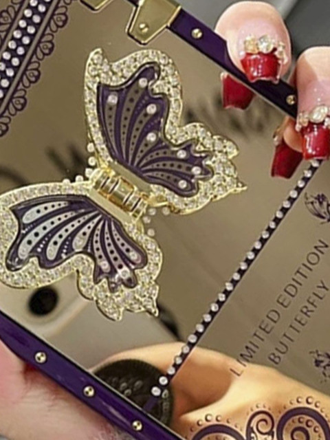 Luxury Kase Sequined LK162 Elegant Butterfly Stand Back Mirror iPhone 16 Pro Back Case - Image 5