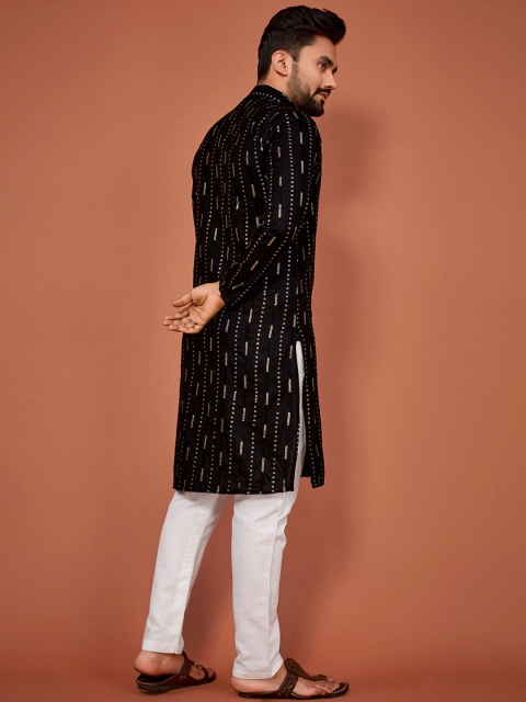 Zurika Fashion Striped Embroidered Mandarin Collar Long Sleeves Sequinned Straight Kurta - Image 4