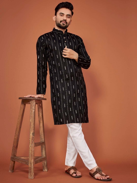 Zurika Fashion Striped Embroidered Mandarin Collar Long Sleeves Sequinned Straight Kurta - Image 5