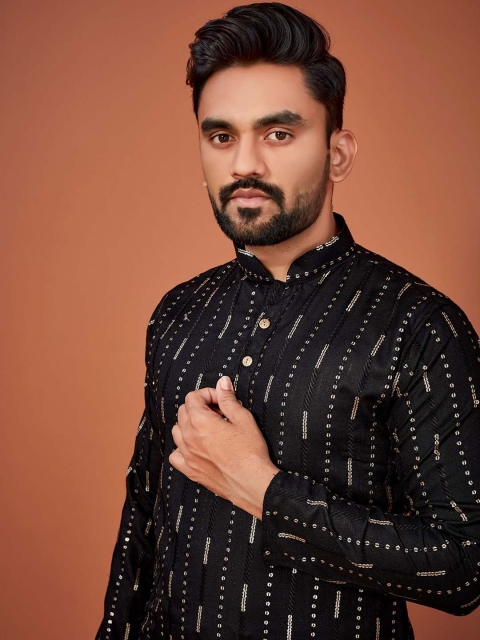 Zurika Fashion Striped Embroidered Mandarin Collar Long Sleeves Sequinned Straight Kurta - Image 2