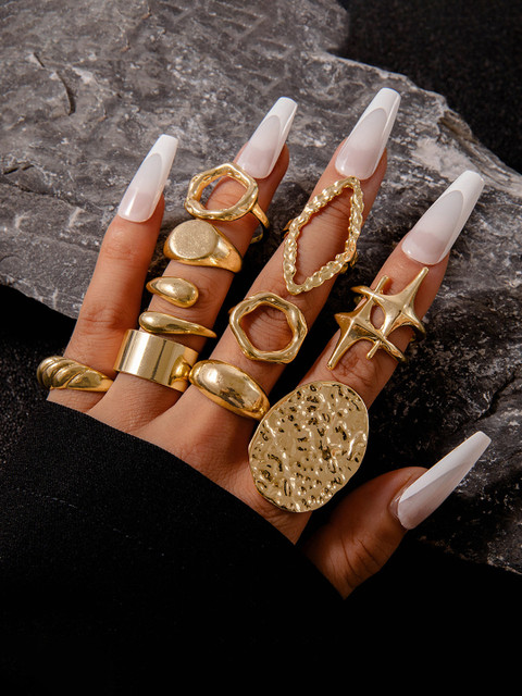 Jewels Galaxy Set Of 10 Gold-Plated Adjustable Finger Ring