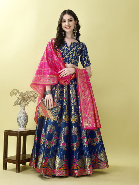 SWAMI STUDIO Floral Woven Design Zari Ready to Wear Lehenga Unctitched Blouse & Dupatta