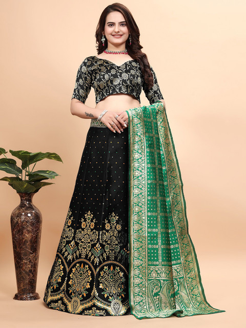 SWAMI STUDIO Floral Woven Design Zari Ready to Wear Lehenga Unctitched Blouse & Dupatta