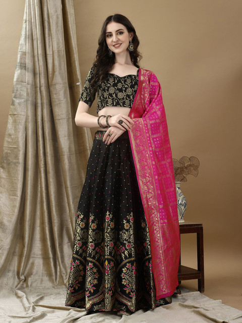SWAMI STUDIO Floral Woven Design Zari Ready to Wear Lehenga Unctitched Blouse & Dupatta