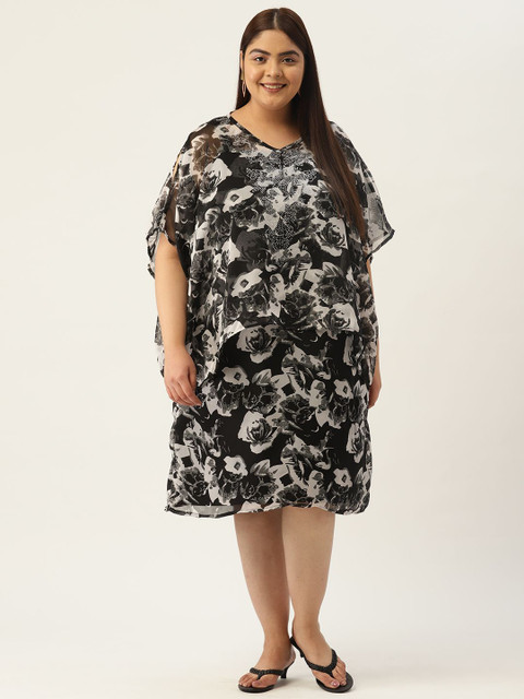 theRebelinme Women Plus Size Floral Printed Embellished Flared Sleeve A-Line Midi Dress