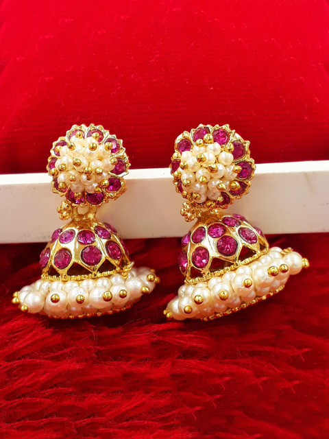 Anujeet Fashion Hub Gold-Plated American Diamond Studded Dome Shaped Jhumkas