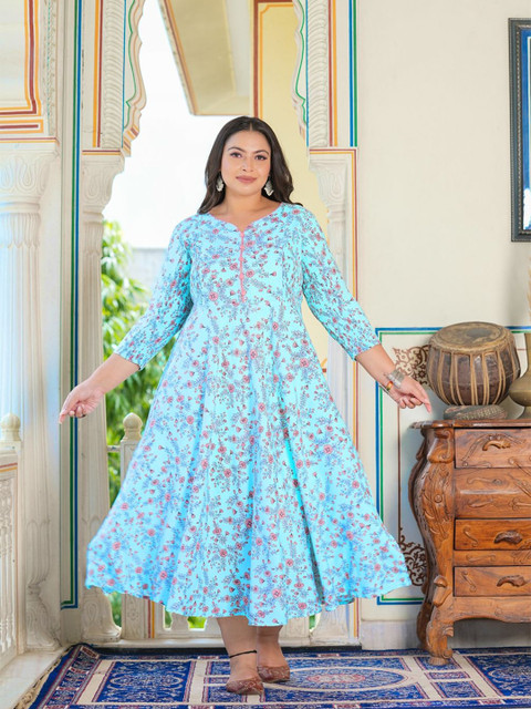 IKRASS Plus Size Floral Printed A-Line Midi Dress