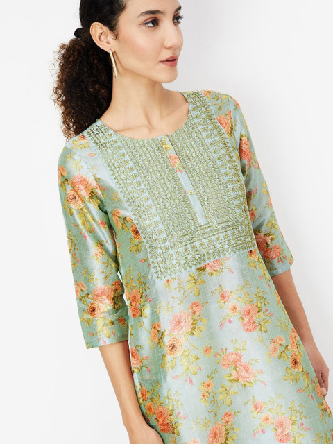 max Floral Printed Thread Work Straight Kurta - Image 6