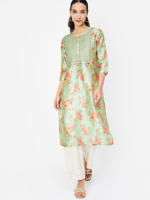 max Floral Printed Thread Work Straight Kurta - Image 5