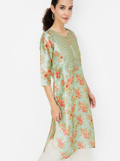 max Floral Printed Thread Work Straight Kurta - Image 3