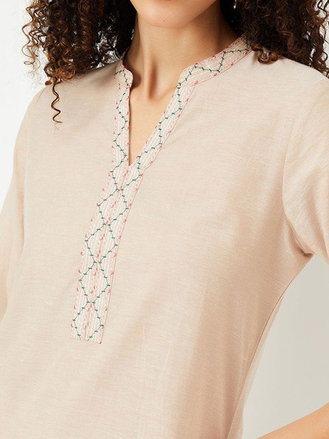 max Floral Embroidered Mandarin Collar Thread Work Straight Cotton Kurta - Image 2