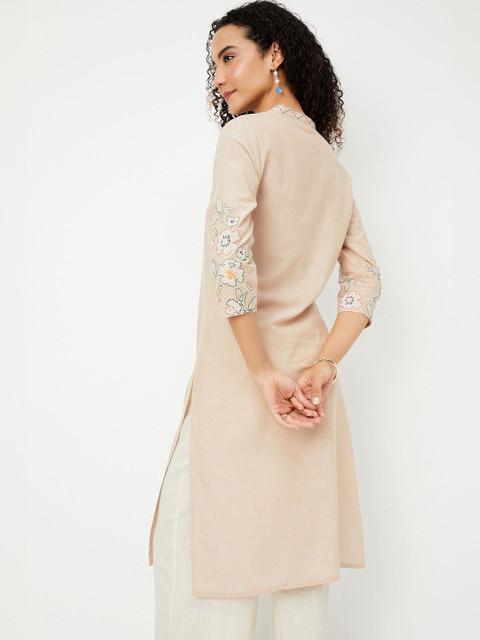 max Floral Embroidered Mandarin Collar Thread Work Straight Cotton Kurta - Image 3