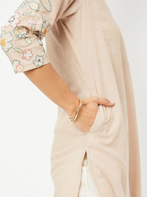 max Floral Embroidered Mandarin Collar Thread Work Straight Cotton Kurta - Image 6