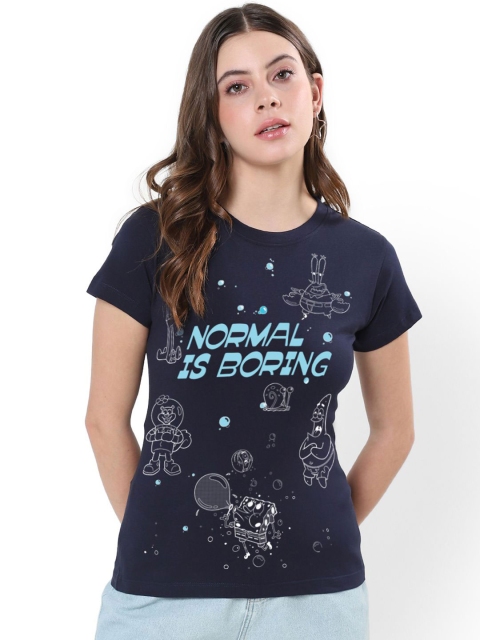 Bewakoof Plus Women Typography Printed Round Neck Cotton Spongebob T-shirt