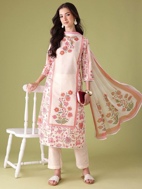 Anouk Floral Print Tie-Up Neck Lace Insert Kurta Set