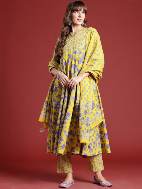 Anouk Floral Printed Regular Sequinned Pure Cotton Kurta With Trousers & Dupatta