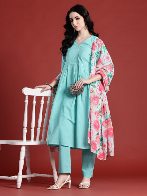 Anouk Floral Empire Pure Cotton Kurta with Trousers & Dupatta