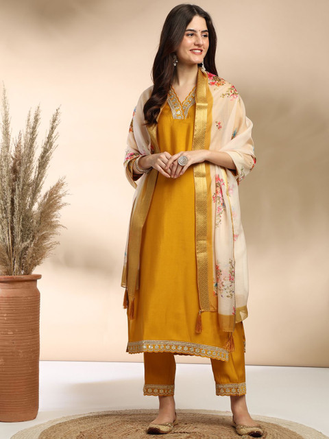 MOKOSH Floral Embroidered Sequinned Straight Kurta With Trousers And Dupatta