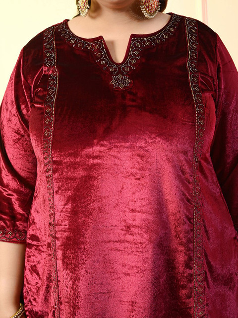 PrettyPlus by Desinoor.com Plus Size Fuschia Pink Velvet Siroski Co-ord Set - Image 3