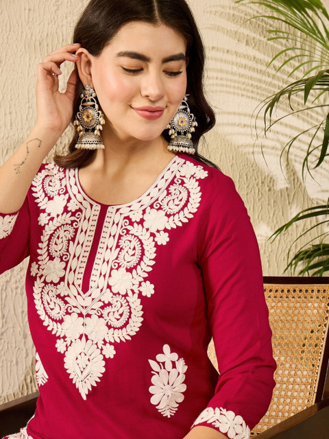 KALINI Floral Embroidered Round Neck Chikankari Straight Kurta - Image 2