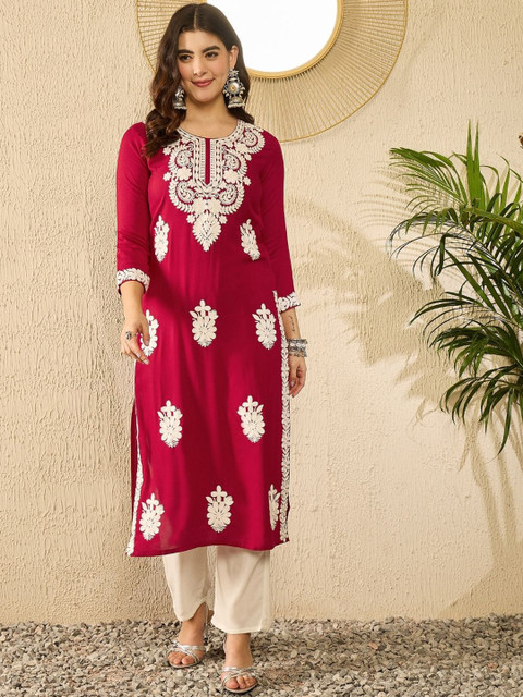 KALINI Floral Embroidered Round Neck Chikankari Straight Kurta - Image 6