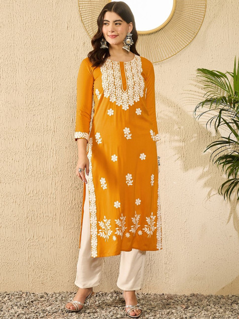 KALINI Floral Embroidered Round Neck Thread Work Straight Kurta - Image 6
