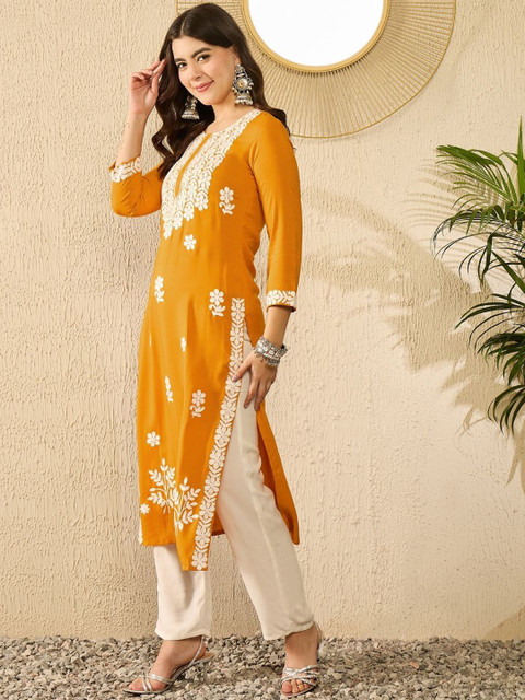 KALINI Floral Embroidered Round Neck Thread Work Straight Kurta - Image 4