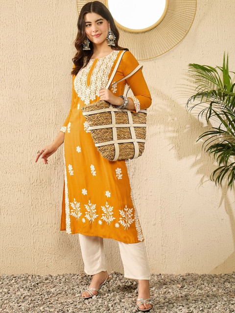 KALINI Floral Embroidered Round Neck Thread Work Straight Kurta