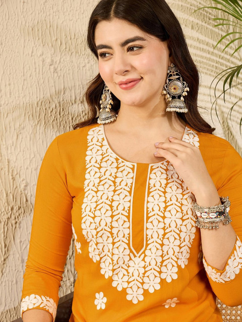 KALINI Floral Embroidered Round Neck Thread Work Straight Kurta - Image 3