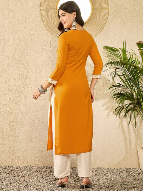 KALINI Floral Embroidered Round Neck Thread Work Straight Kurta - Image 5