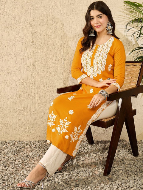 KALINI Floral Embroidered Round Neck Thread Work Straight Kurta - Image 7